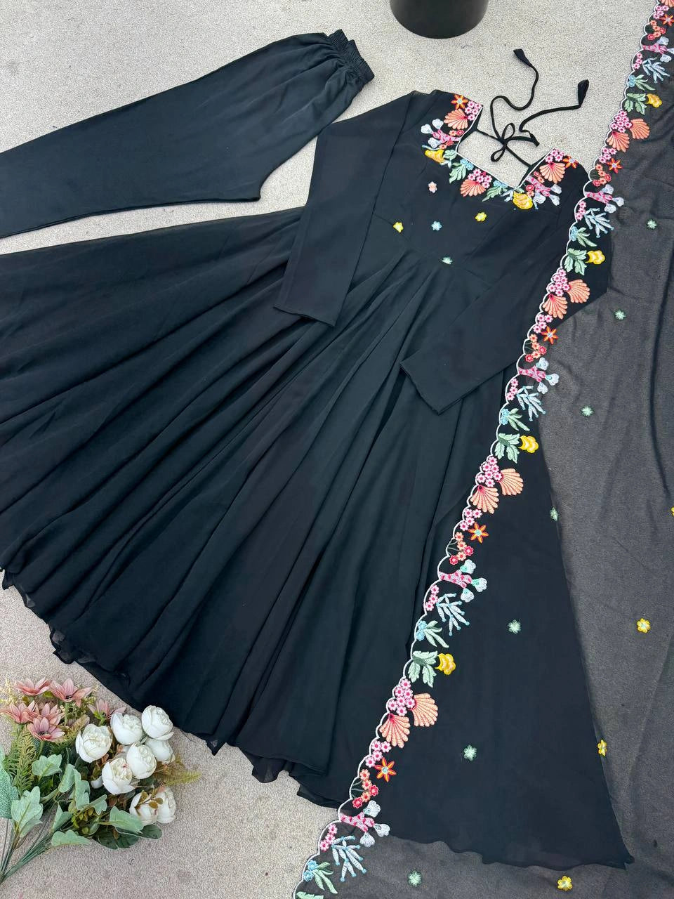 Black Anarkali Suit flat lay neckline and dupatta border embroidery detail – Kalyanja KU302